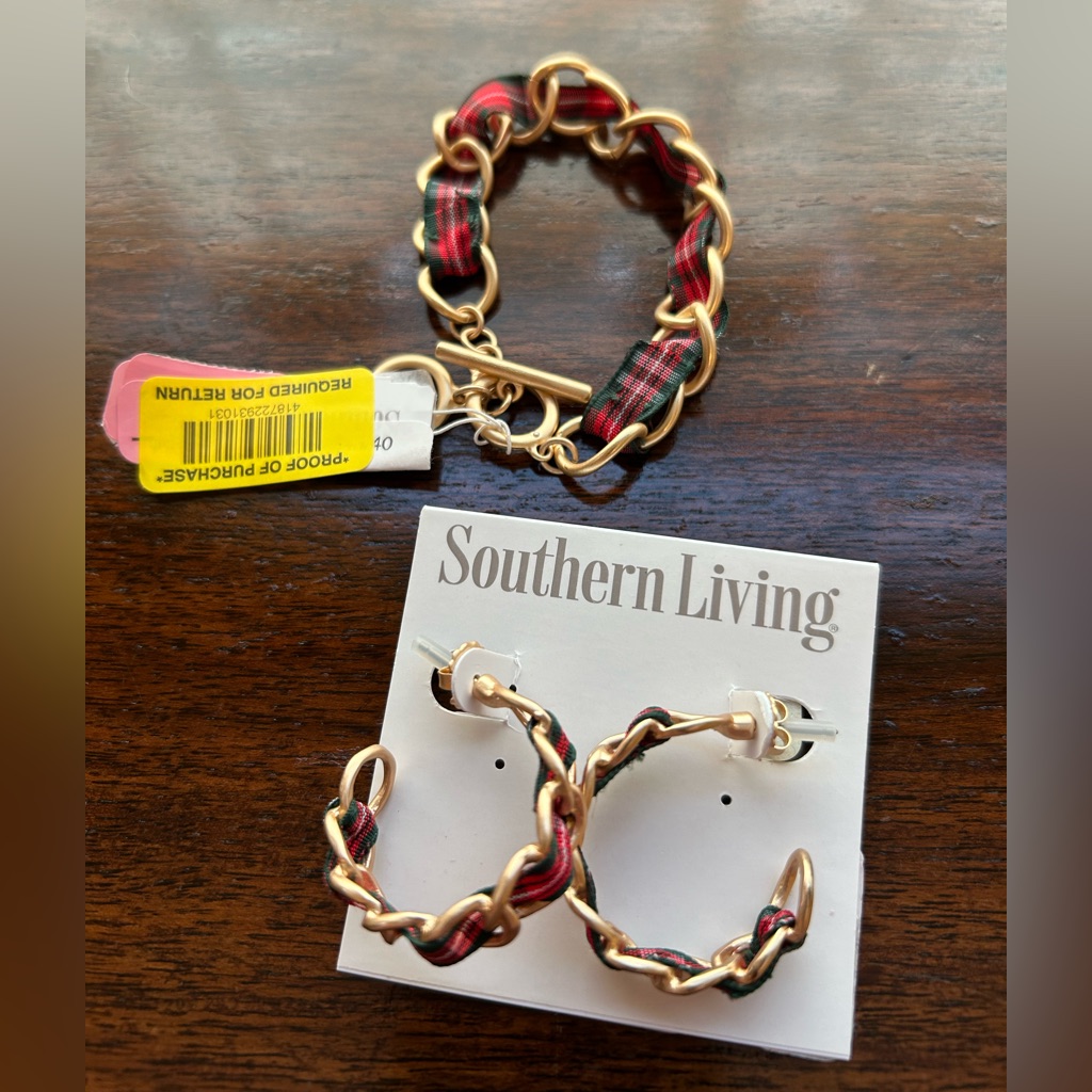 Southern Living Gold And Red Plaid Jewelry Set Bracelet And Earrings New
